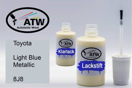 Toyota, Light Blue Metallic, 8J8: 20ml Lackstift + 20ml Klarlack - Set, von ATW Autoteile West.